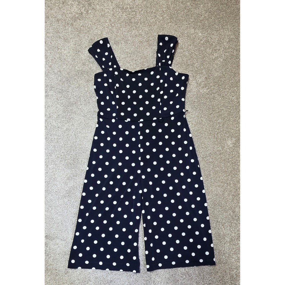 Connected Apparel Navy Blue White Polka Dot Wide Leg Jumpsuit 12P Petite
396